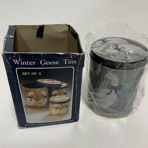 Vintage Nesting Metal Tin Canisters Winter Geese Ducks Set of 3 - Picture 5 of 5